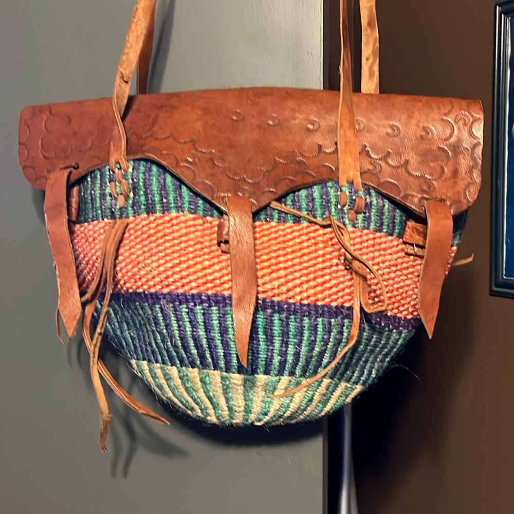 Vintage 80s Extra Large Woven Jute and Tooled Leather Market Tote